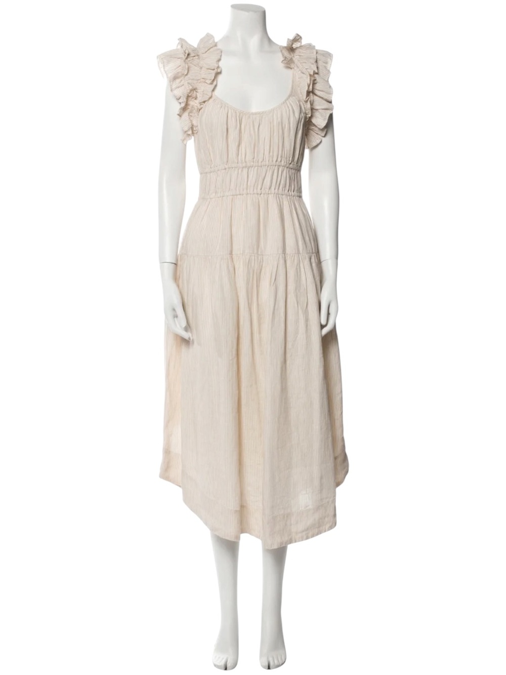 Ulla Johnson Rissa Linen Sand Stripe Ruffle Stretch Waist Pocket Dress - Picture 7 of 8